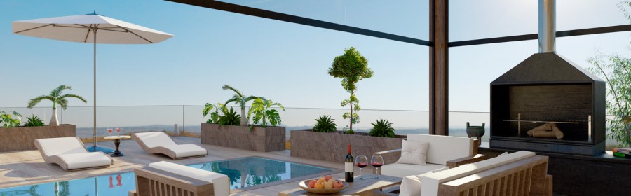 Terrasse extérieure de luxe avec piscine et barbecue. Pergola bioclimatique avec canapé et transats